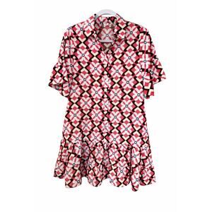 Jodifl Small Pink Retro Geometric Shirt Dress Ruffle Hem Coastal Chic Boutique